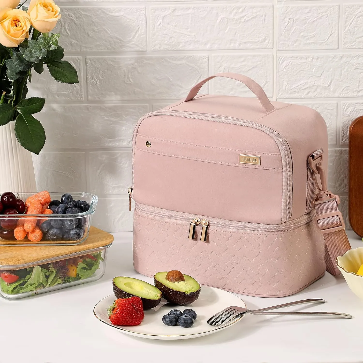 NISHEL Lunch Bag for Women, Insulated Two Separate Compartments Meal Box with Adjustable Shoulder Strap, Leakproof Cooler Case for Work, Pink