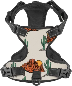 No Pull Dog Harness for X-Large Dogs Easy Walk Dog Vest Adjustable Collars Harnesses & Leashes Set Breathable Oxford Outdoor Walking Safety Reflective Strip Western Theme Cactus Cowboy Prints