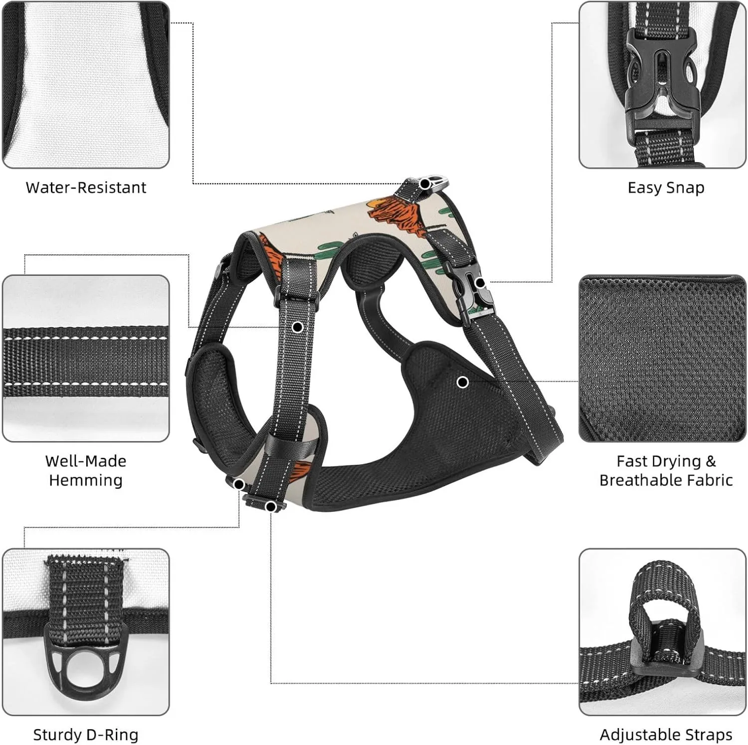 No Pull Dog Harness for X-Large Dogs Easy Walk Dog Vest Adjustable Collars Harnesses & Leashes Set Breathable Oxford Outdoor Walking Safety Reflective Strip Western Theme Cactus Cowboy Prints