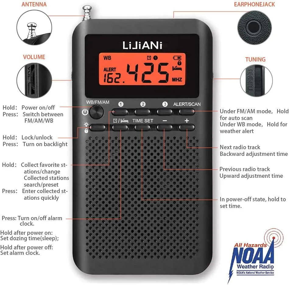 NOAA Weather AM FM Radio Portable Battery Operated by 2 AA Batteries with Stereo Earphone, LCD Display Digital Alarm Clock Sleep Timer,Best Reception,Built in Speaker Best Sound Quality(Black)