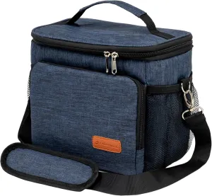 (Not Made in China) Insulated Lunch Bag, Men's Lunch Box, Leakproof, Collapsible, Soft Sided Cooler W/Adjustable Shoulder Strap (Navy Blue)