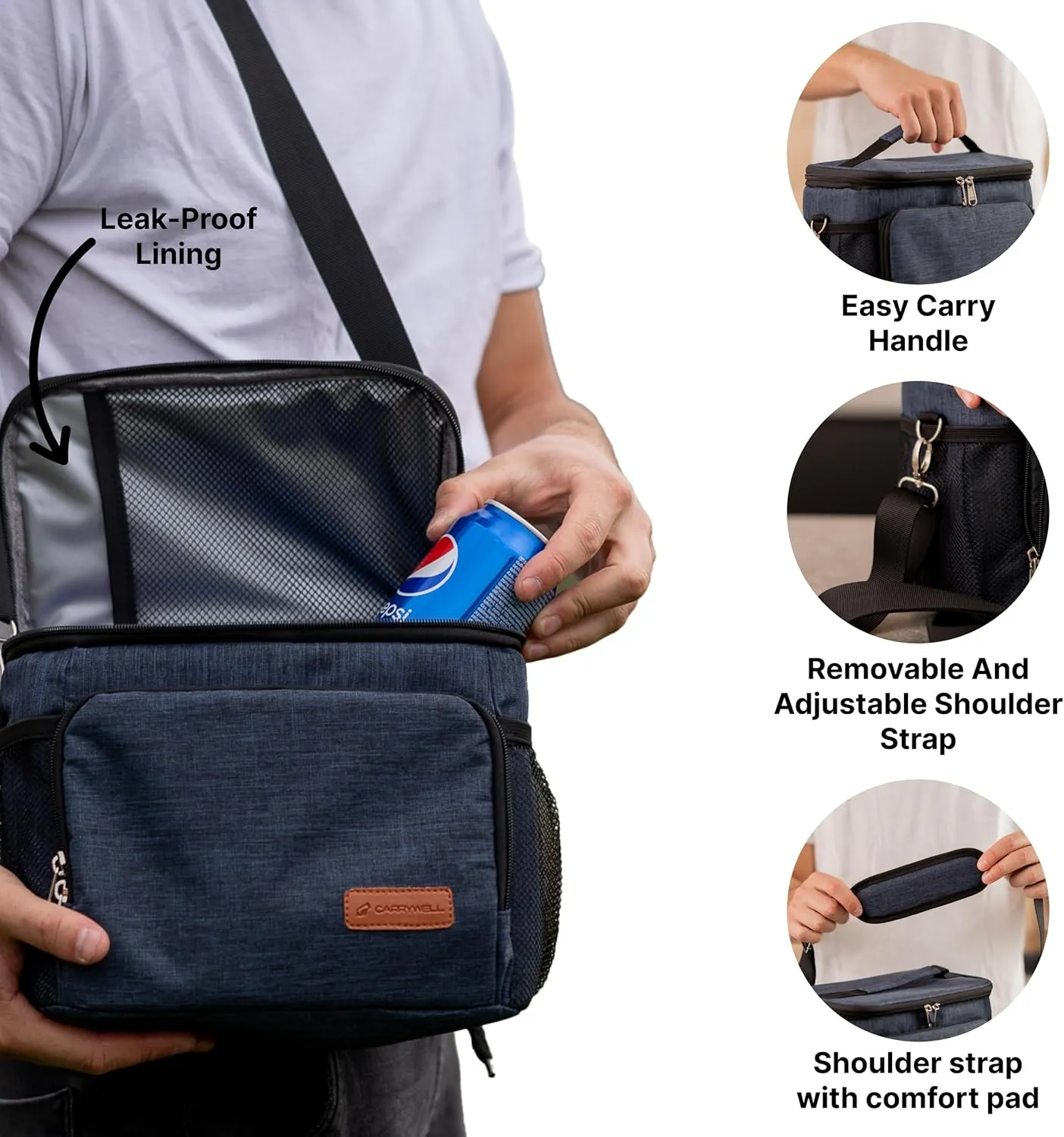 (Not Made in China) Insulated Lunch Bag, Men's Lunch Box, Leakproof, Collapsible, Soft Sided Cooler W/Adjustable Shoulder Strap (Navy Blue)