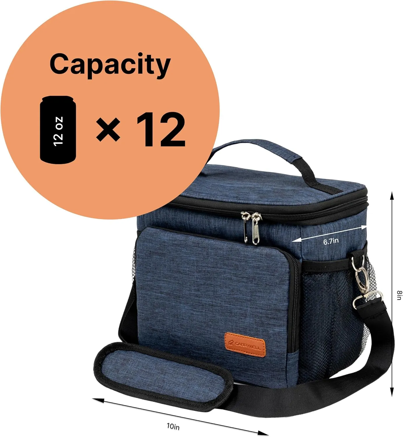 (Not Made in China) Insulated Lunch Bag, Men's Lunch Box, Leakproof, Collapsible, Soft Sided Cooler W/Adjustable Shoulder Strap (Navy Blue)