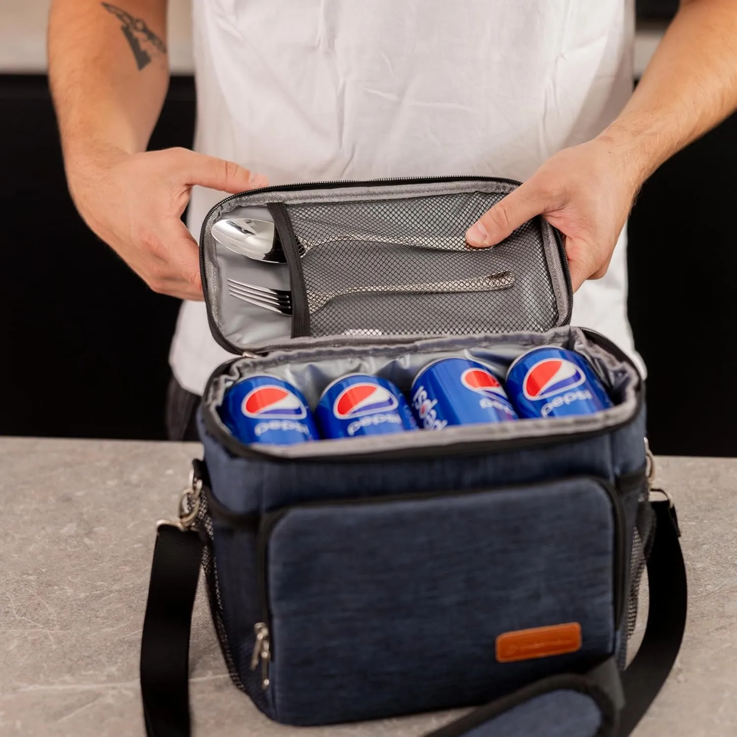 (Not Made in China) Insulated Lunch Bag, Men's Lunch Box, Leakproof, Collapsible, Soft Sided Cooler W/Adjustable Shoulder Strap (Navy Blue)