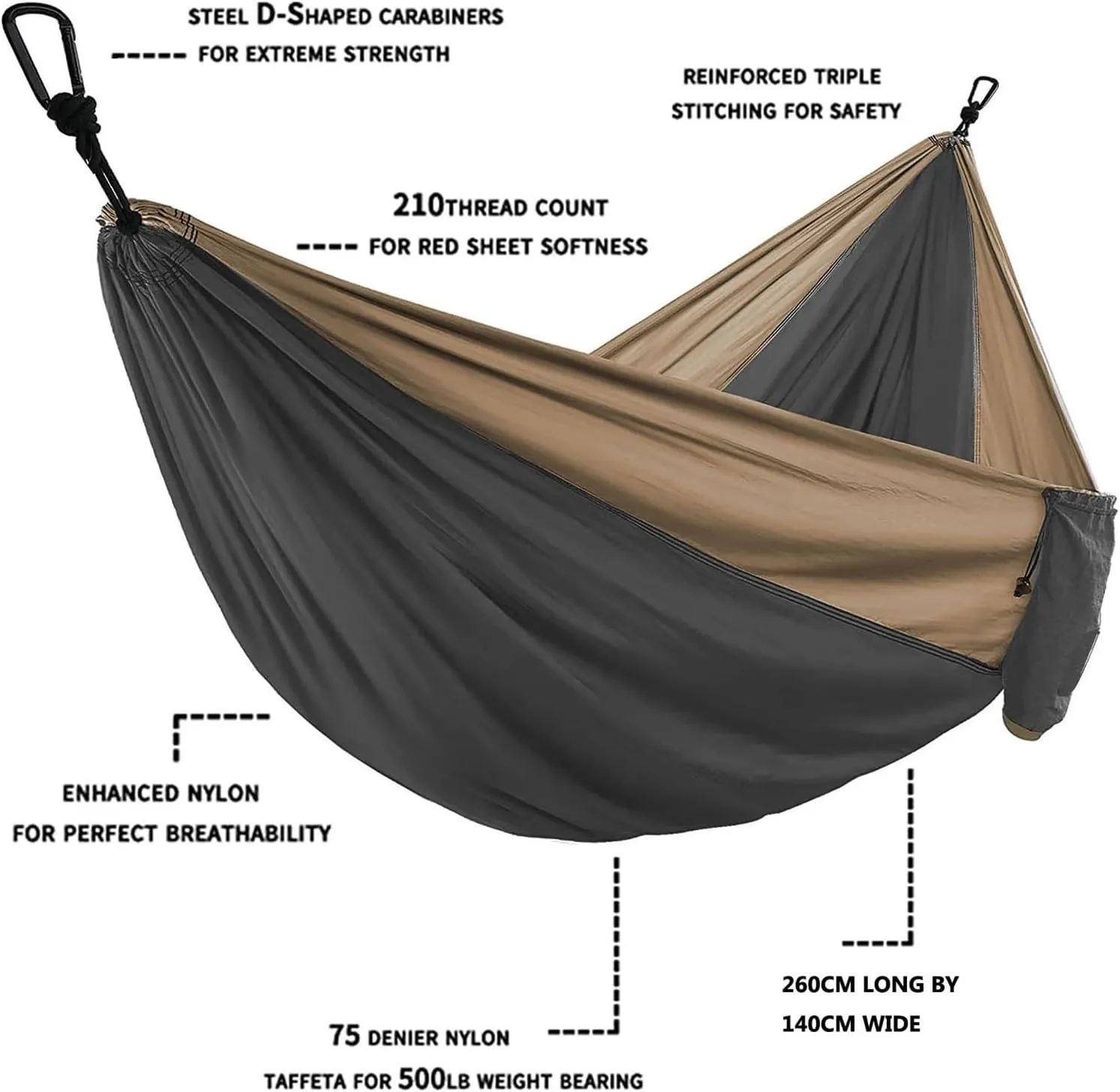 Nylon Parachute Hammock Net Solid Color Parachute Hammock with Hammock Straps and Black Carabiner Camping Survival Travel Double Person Outdoor Furniture Terrace Hammock(Model 1)