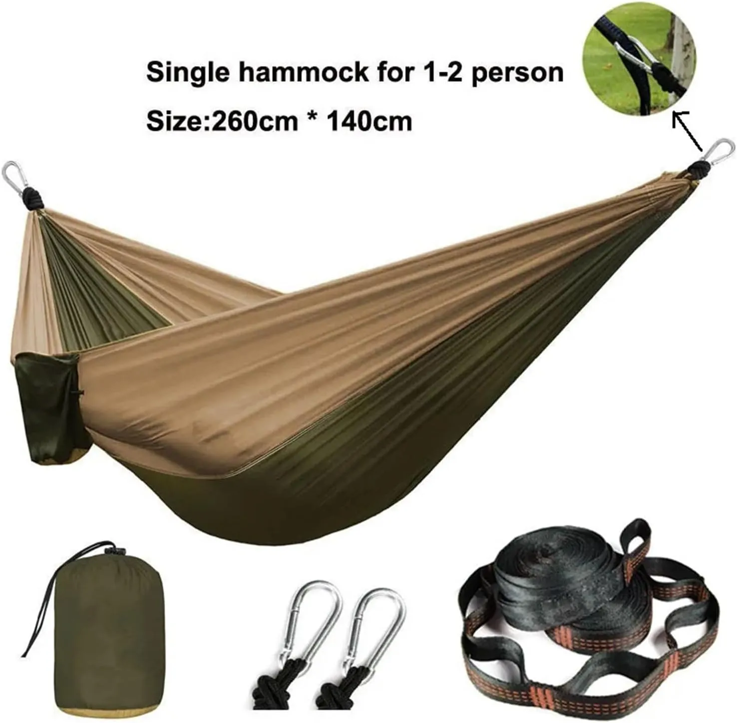 Nylon Parachute Hammock Net Solid Color Parachute Hammock with Hammock Straps and Black Carabiner Camping Survival Travel Double Person Outdoor Furniture Terrace Hammock(Model 1)