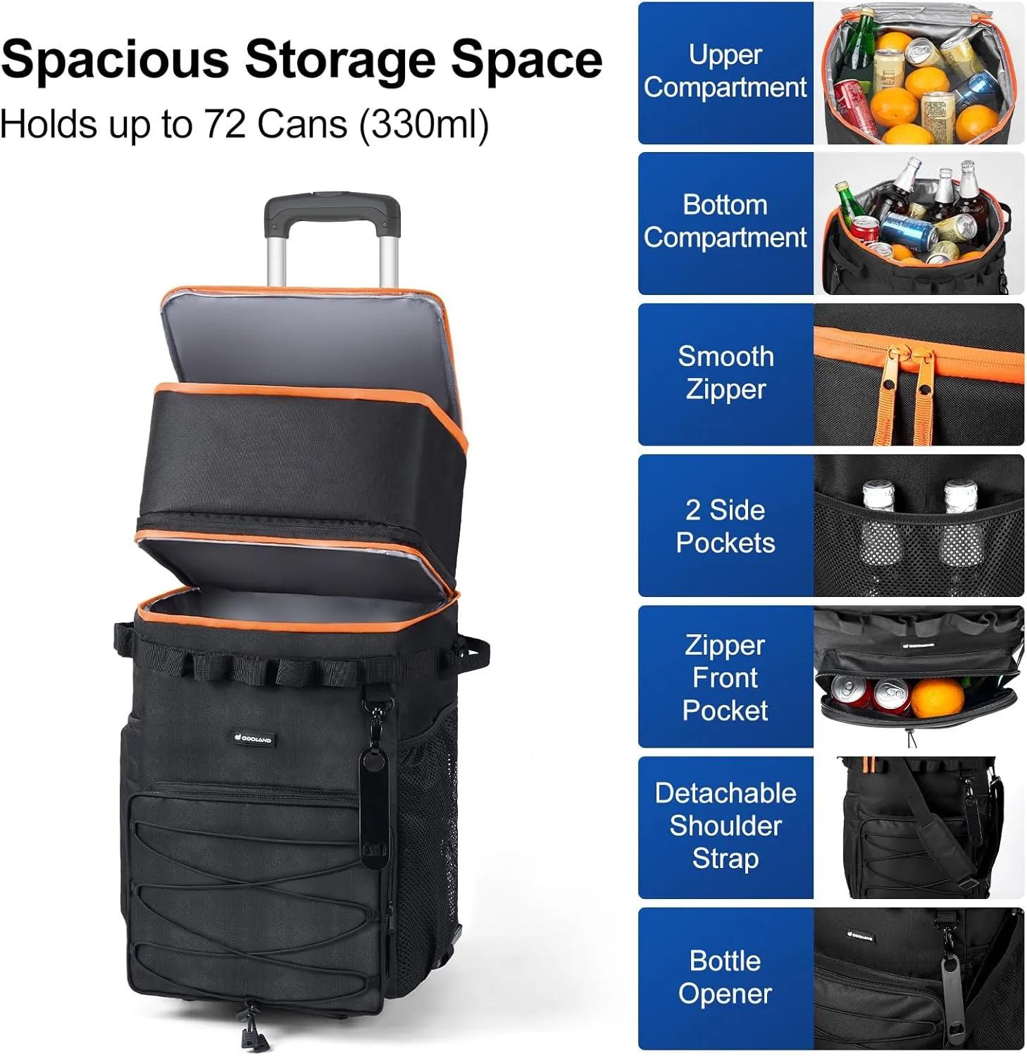 Odoland 48/72 Cans Soft Cooler with Wheels and Handle Collapsible Ice Chest Rolling Coolers on Wheels for Beach Camping Travel and Picnic