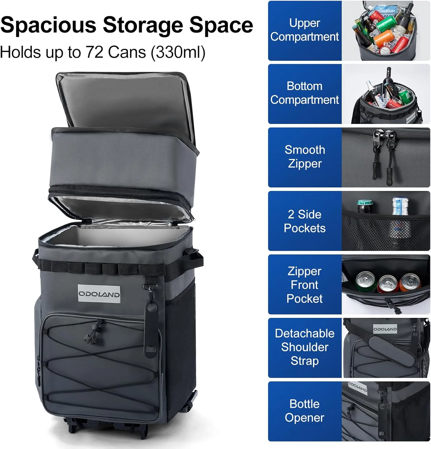 Odoland 48/72 Cans Soft Cooler with Wheels and Handle Collapsible Ice Chest Rolling Coolers on Wheels for Beach Camping Travel and Picnic