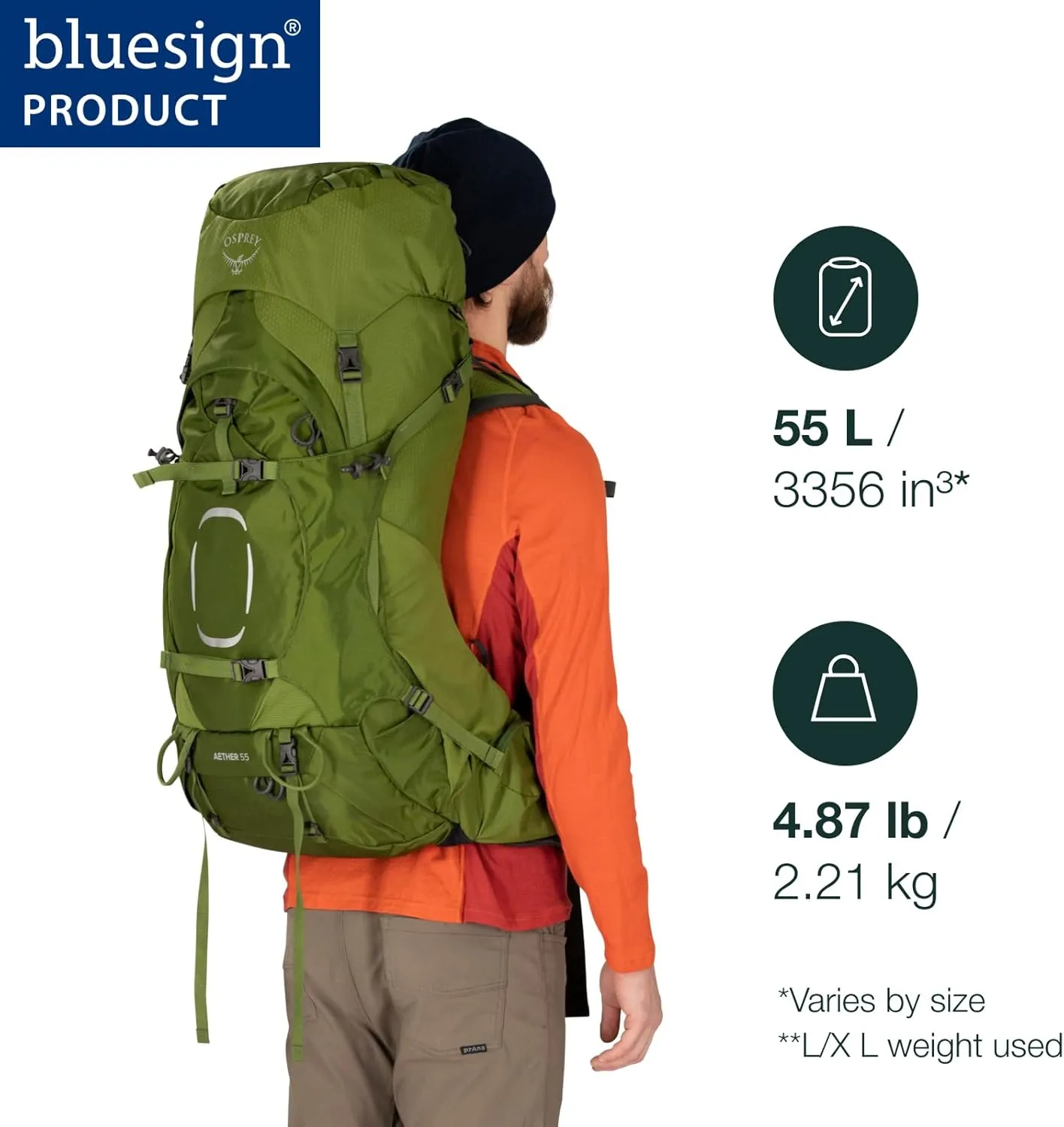 Osprey Aether 55L Men's Backpacking Backpack, Deep Water Blue, S/M
