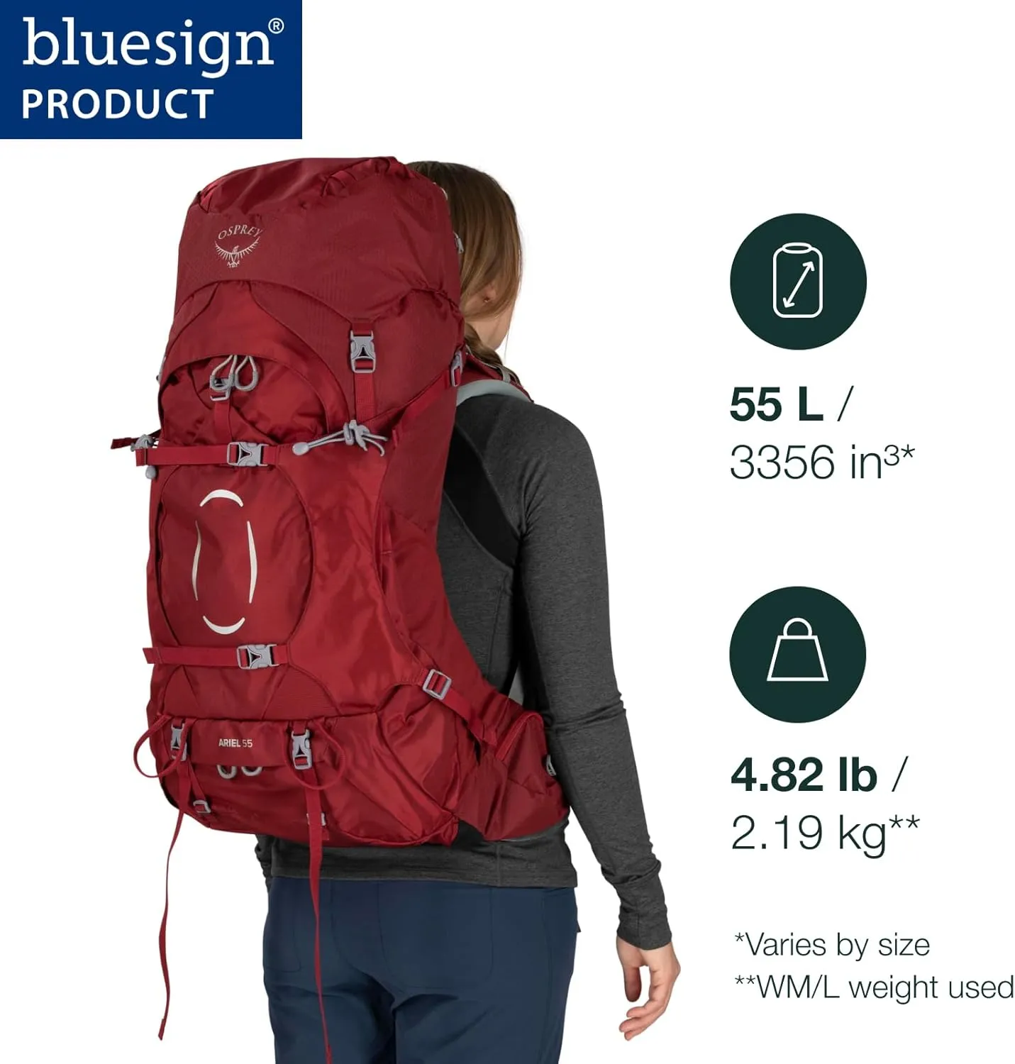 Osprey Ariel 55L Women's Backpacking Backpack, Ceramic Blue, WM/L