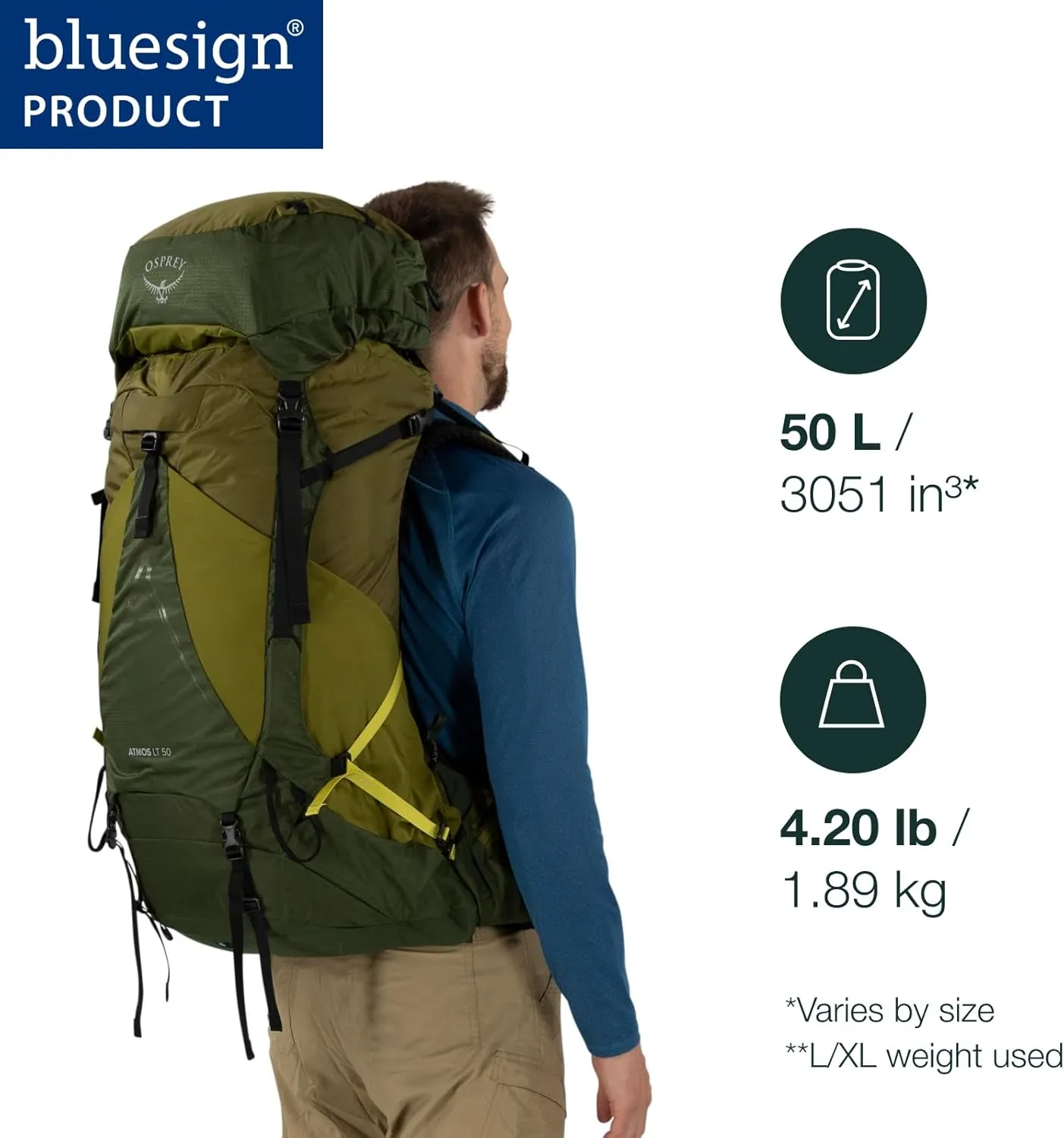Osprey Atmos AG LT 50L Men's Backpacking Backpack, Scenic Valley/Green Peppercorn, S/M