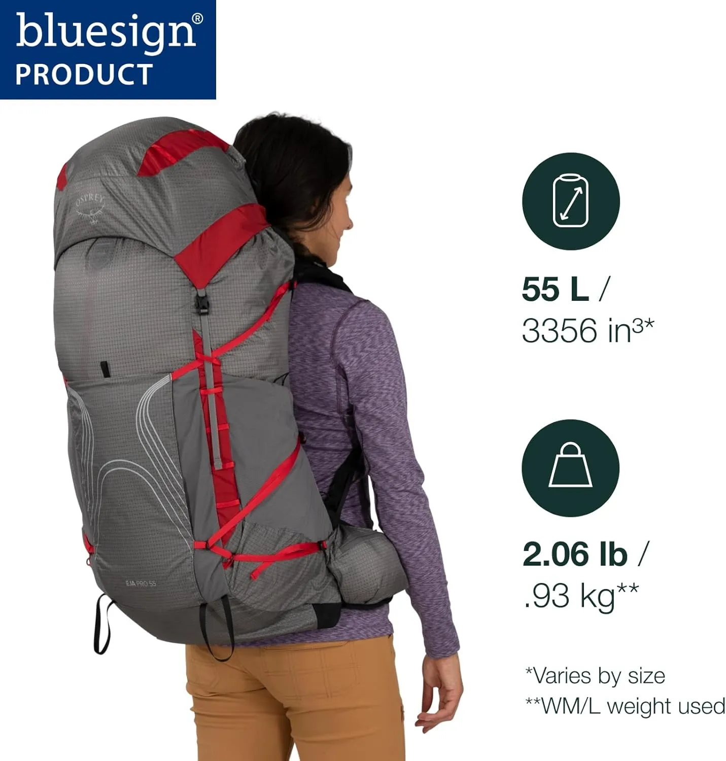 Osprey Eja Pro 55L Women's Backpacking Backpack, Dale Grey/Poinsettia Red, WM/L