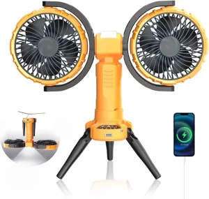 Outdoor Camping Fan with LED Light, Rechargeable Portable Dual Head Fan,Battery Powered with Cooler Tent Hook Fans,270° Oscillating 360° Rotation ,USB Desktop Fan for Travel,Fishing,Home (Yellow)