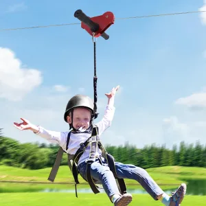 Outdoor Zipline Kits, Backyard Zipline Kits with Iron Cable & Trolley, Stainless Steel Spring Brake, Safety Harness and Seat, 120Ft Ziplines for Kids and Adults