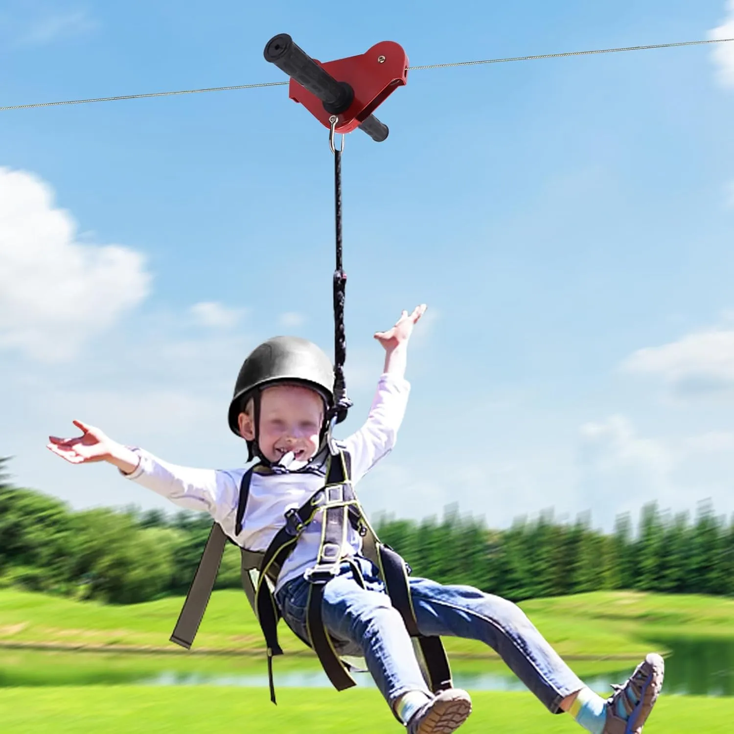 Outdoor Zipline Kits, Backyard Zipline Kits with Iron Cable & Trolley, Stainless Steel Spring Brake, Safety Harness and Seat, 120Ft Ziplines for Kids and Adults