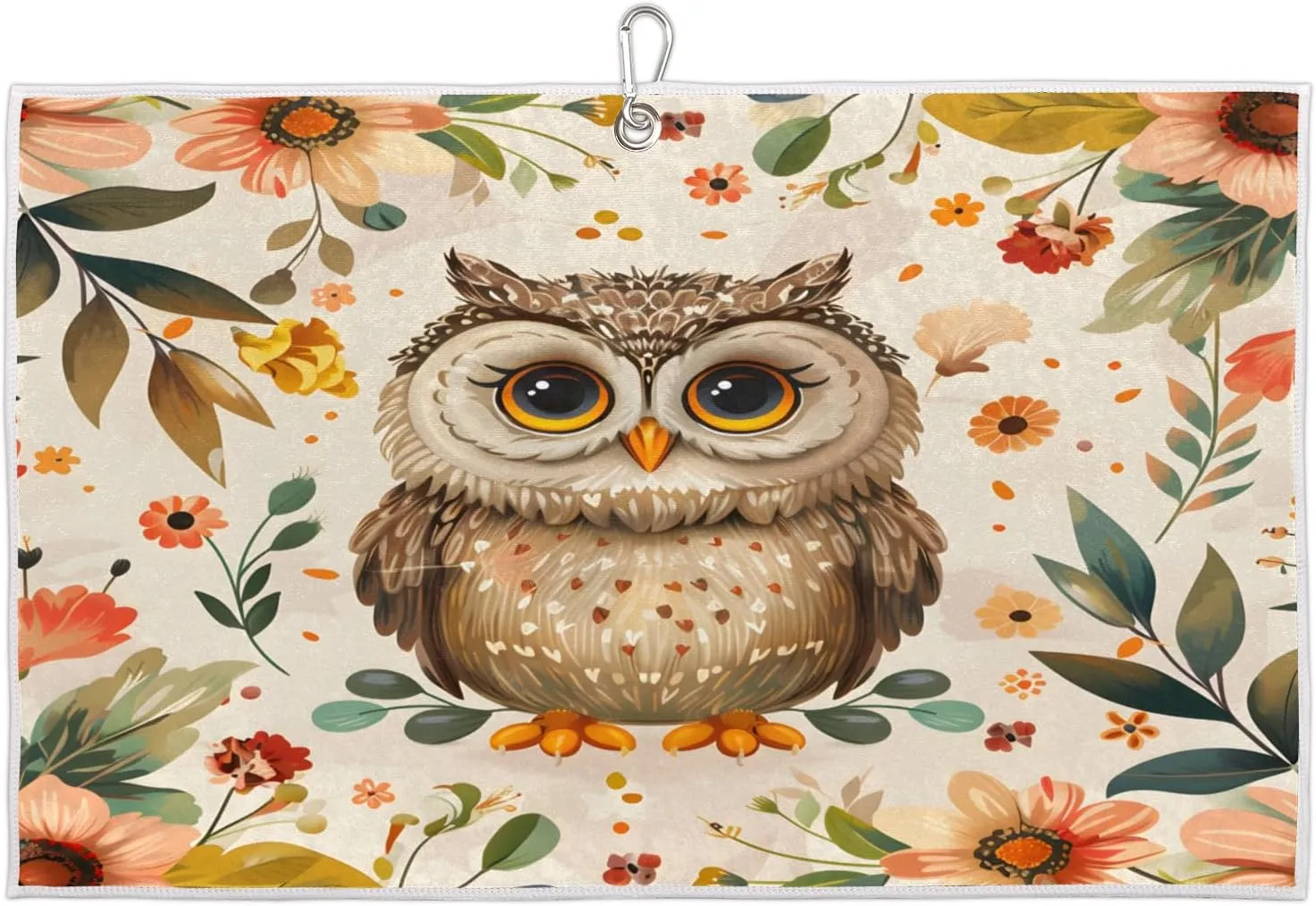 Owl Flower Grass Golf Towel with Heavy Duty Carabiner Ultra Absorbent Quick Dry Perfect for Cleaning Clubs Balls Gear Essential Golf Accessory for Men Women Kids