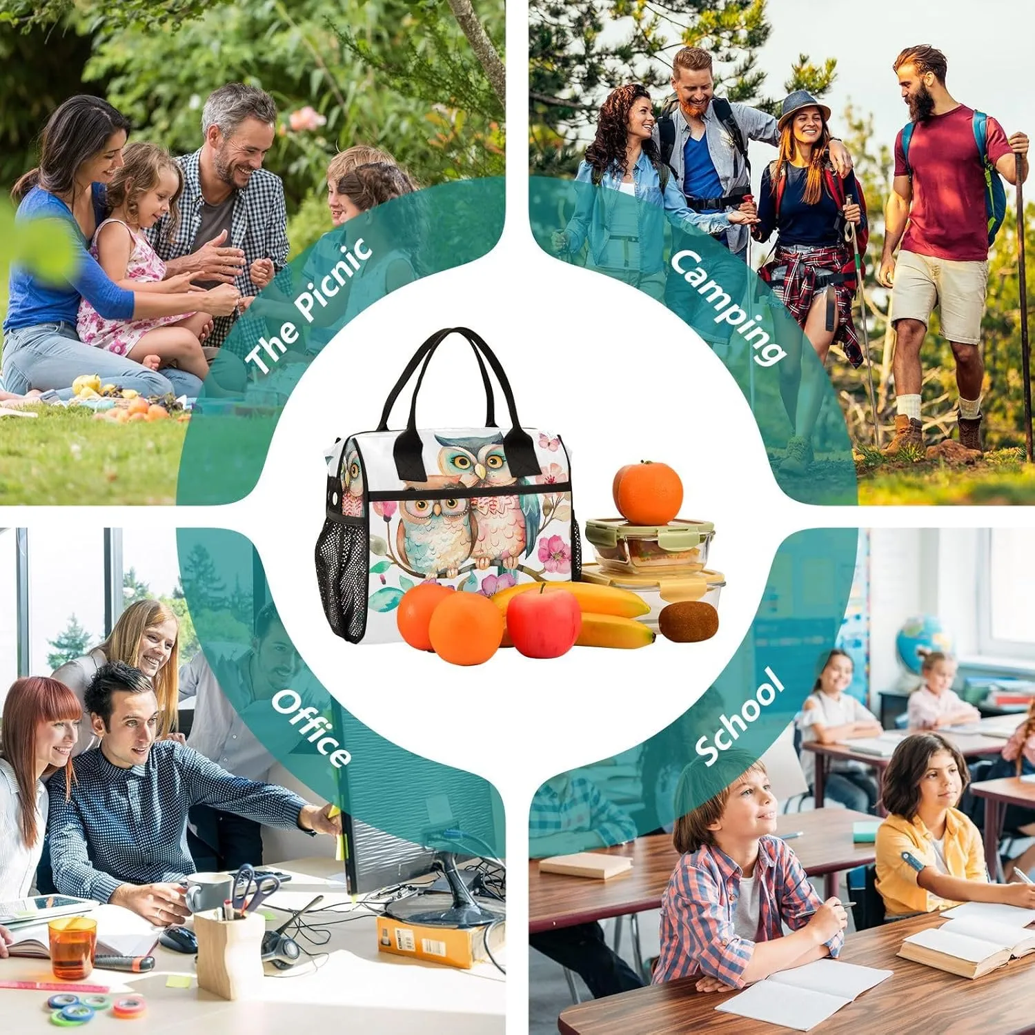 Owl Forest Animal Flowers Lunch Bag Women Cooler Bags Lunch Tote Bags for Men Reusable Insulated Lunch Box Crossbody with Shoulder Strap Leakproof Work Picnic S