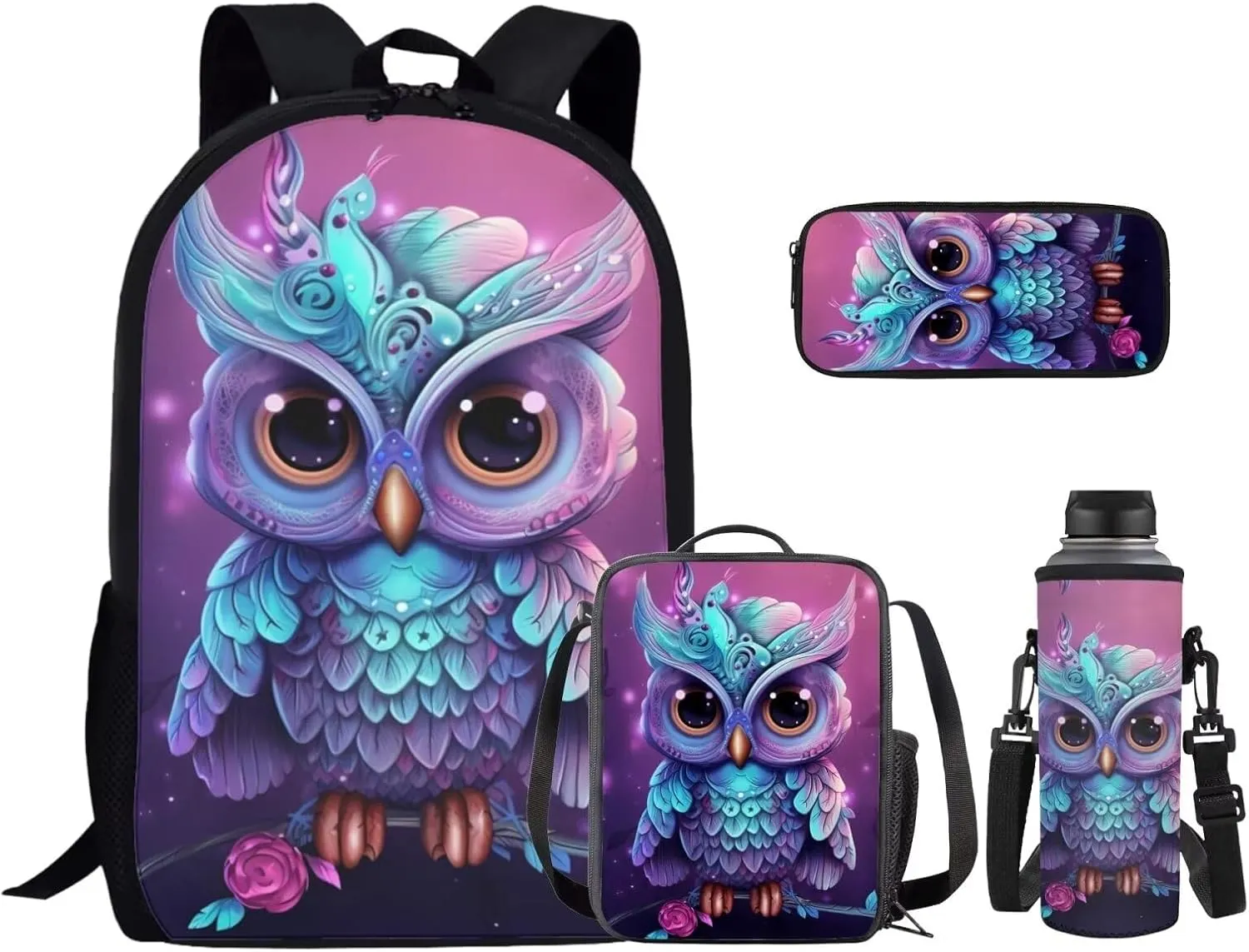 Owl Print School Backpack Set of 4 with Lunch Bag Pen Bag and Water Bottle Case Cover Set Kids Backpack for Girls 4-7 Toddler Bookbag Lightweight Casual Daypacks Toddler bag
