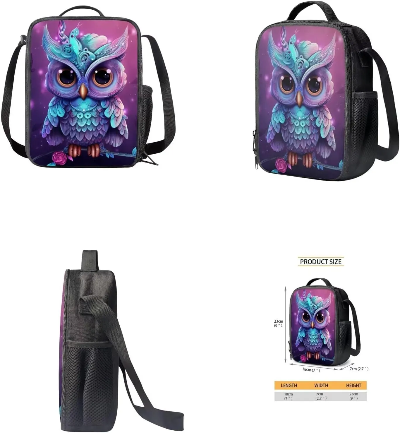 Owl Print School Backpack Set of 4 with Lunch Bag Pen Bag and Water Bottle Case Cover Set Kids Backpack for Girls 4-7 Toddler Bookbag Lightweight Casual Daypacks Toddler bag