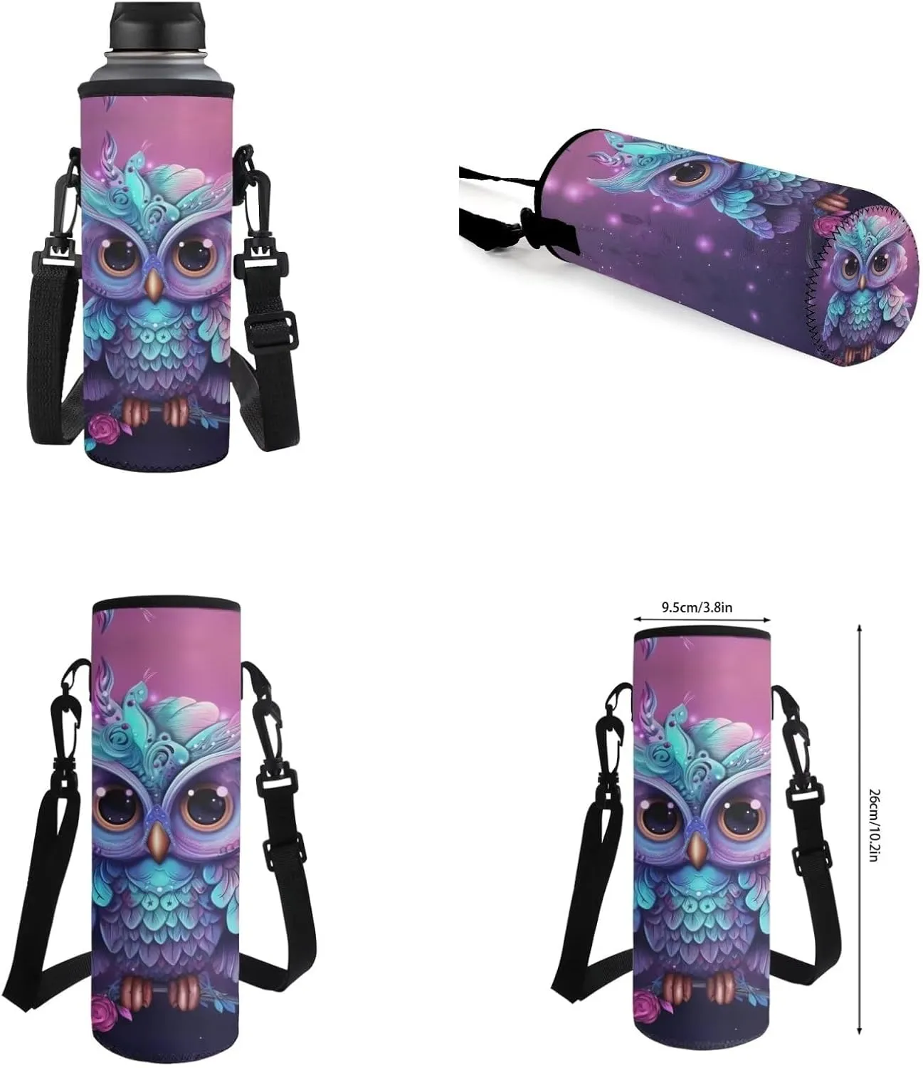 Owl Print School Backpack Set of 4 with Lunch Bag Pen Bag and Water Bottle Case Cover Set Kids Backpack for Girls 4-7 Toddler Bookbag Lightweight Casual Daypacks Toddler bag