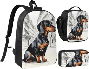 Parisian Dachshund print Backpack 3pcs Set Including 17 Inch Large BookBag With Lunch Bag And Practical Pen Bag