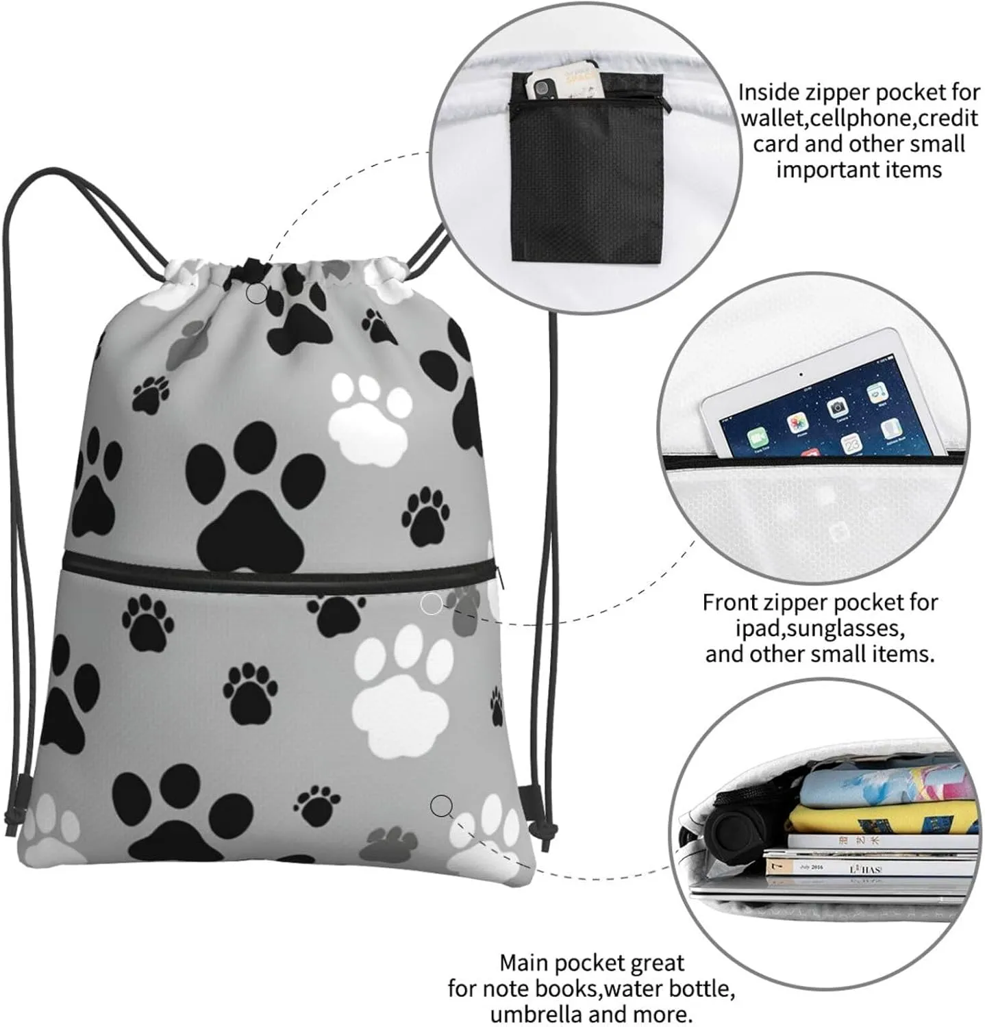 Paw Prints Drawstring Backpack Bulk Sackpack Cinch For Hiking Camping, Outdoor Adventure