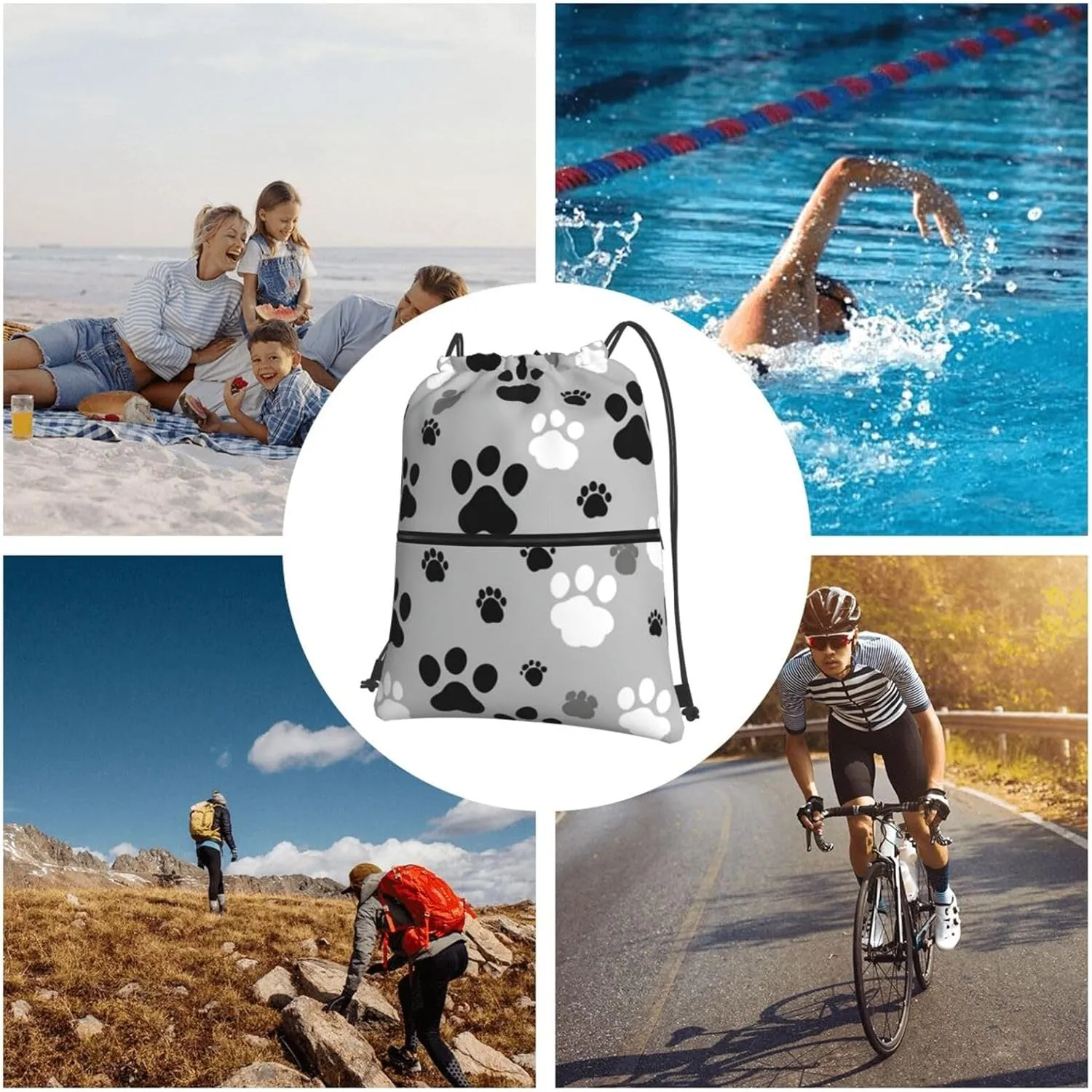 Paw Prints Drawstring Backpack Bulk Sackpack Cinch For Hiking Camping, Outdoor Adventure