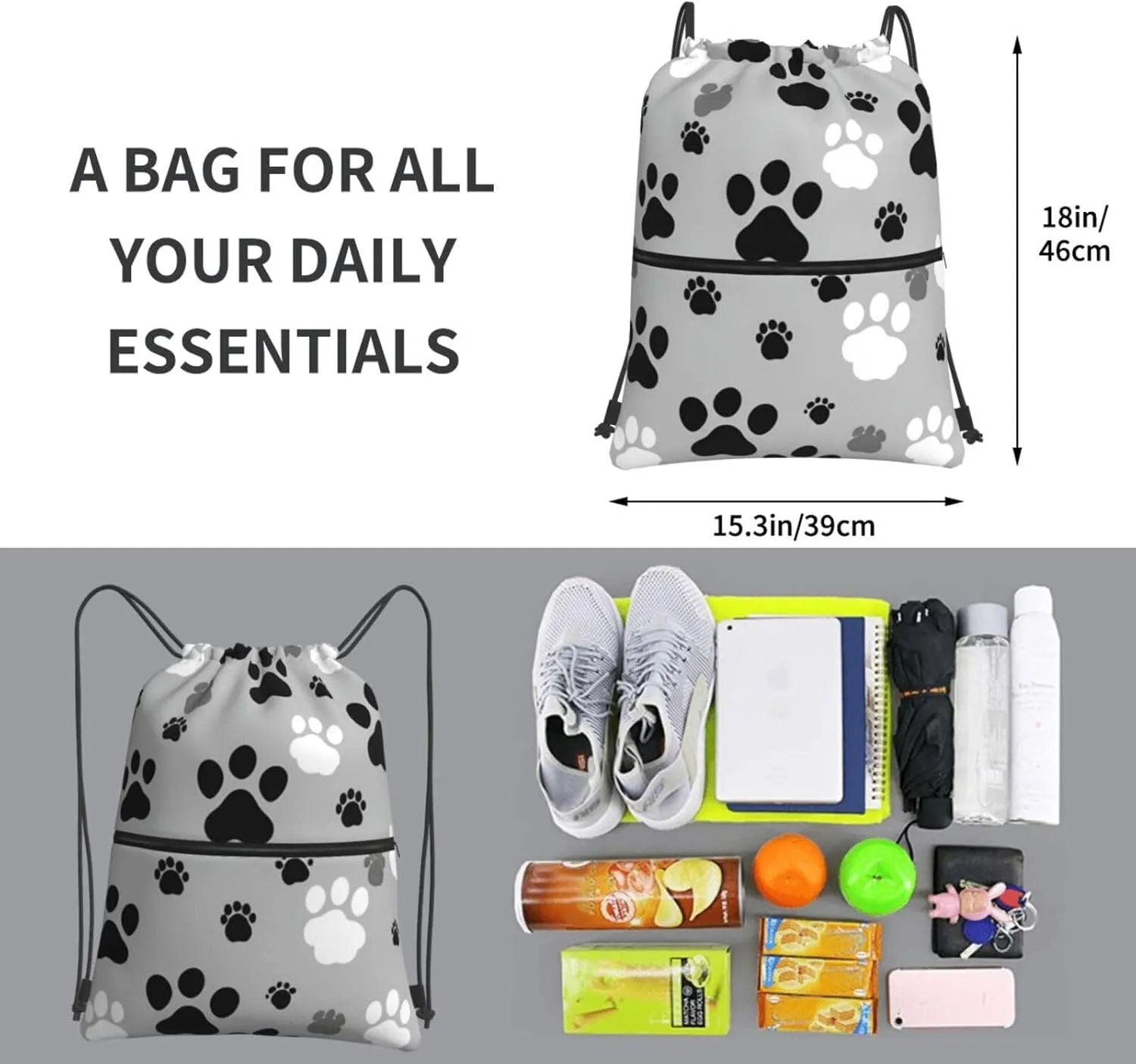 Paw Prints Drawstring Backpack Bulk Sackpack Cinch For Hiking Camping, Outdoor Adventure