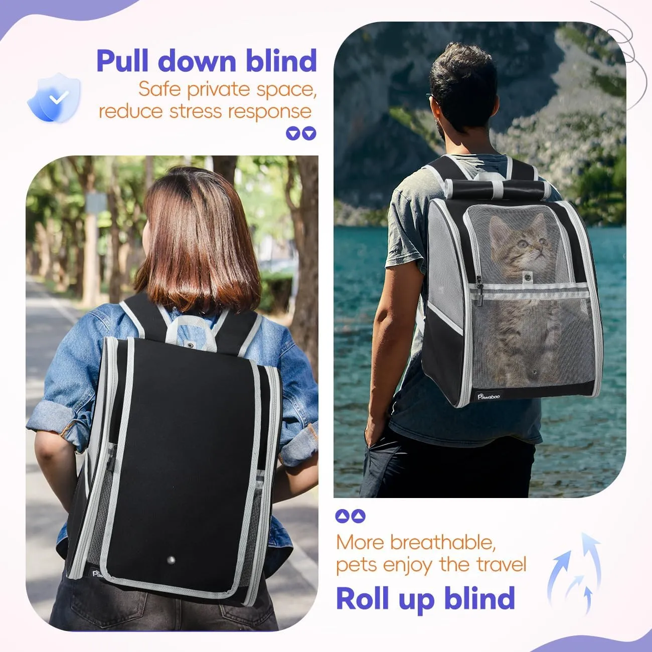 Pawaboo Cat Backpack with Window Blind, Pet Carrier Backpack with Breathable Airmesh for Small Cats Dogs, Upgrade Sunproof Collapsible Cat Backpack Bubble for Travel Grooming Outdoors (up to 22lbs)