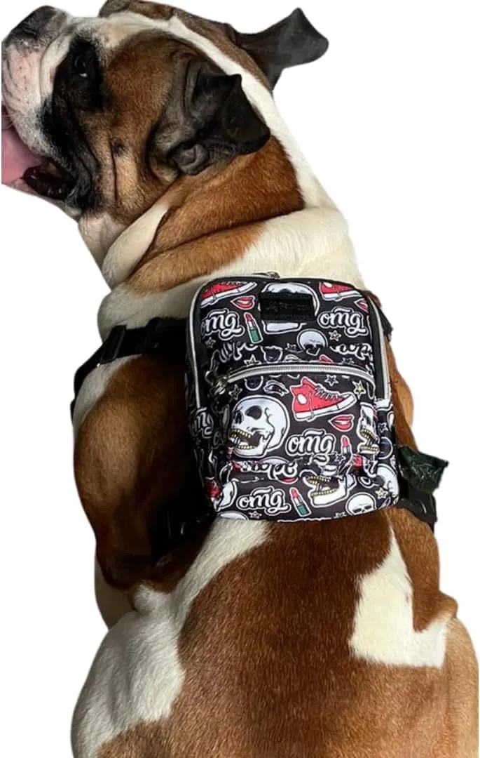 Pawlook Dog Backpack Harness – Street Smart | Waterproof, Adjustable, Breathable – Leash Attachment D-Rings, Poop Bag Pocket – Small & Medium Dogs – 8 Styles Skull Medium