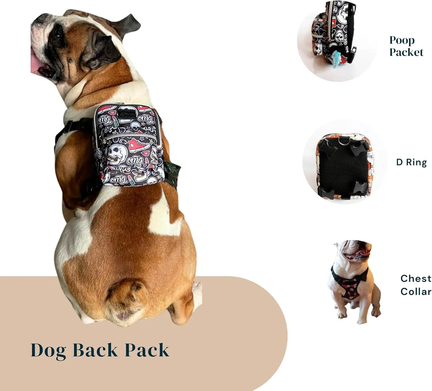 Pawlook Dog Backpack Harness – Street Smart | Waterproof, Adjustable, Breathable – Leash Attachment D-Rings, Poop Bag Pocket – Small & Medium Dogs – 8 Styles Skull Medium