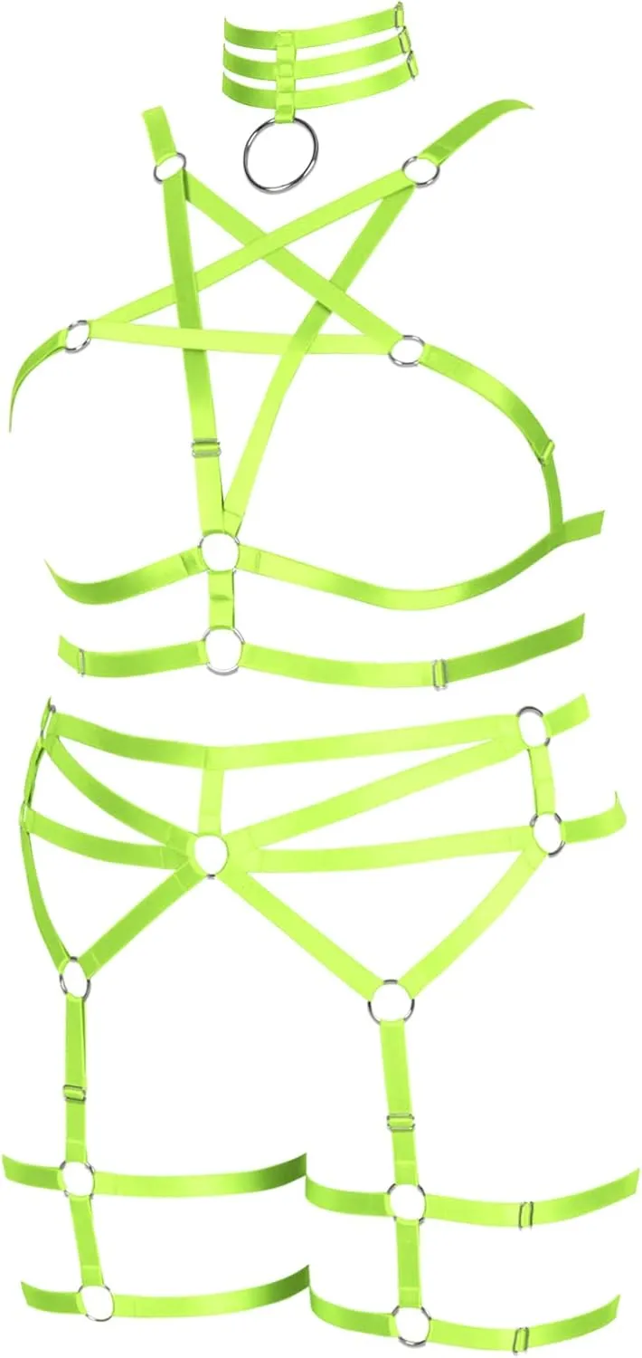 Pentagram Plus Size Women's Body Harness Punk Full Cage Bra Set Hollow Out Adjustable Gothic Dance Festival Rave