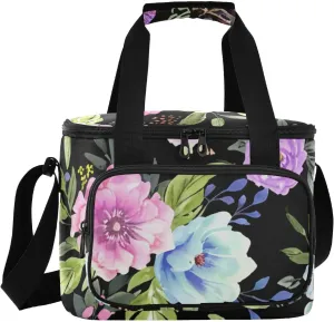 Peony Leaves Black Insulated Cooler Bag for Women Men Leakproof 24 Can Camping Cooler Tote for Travel Outdoors Trip