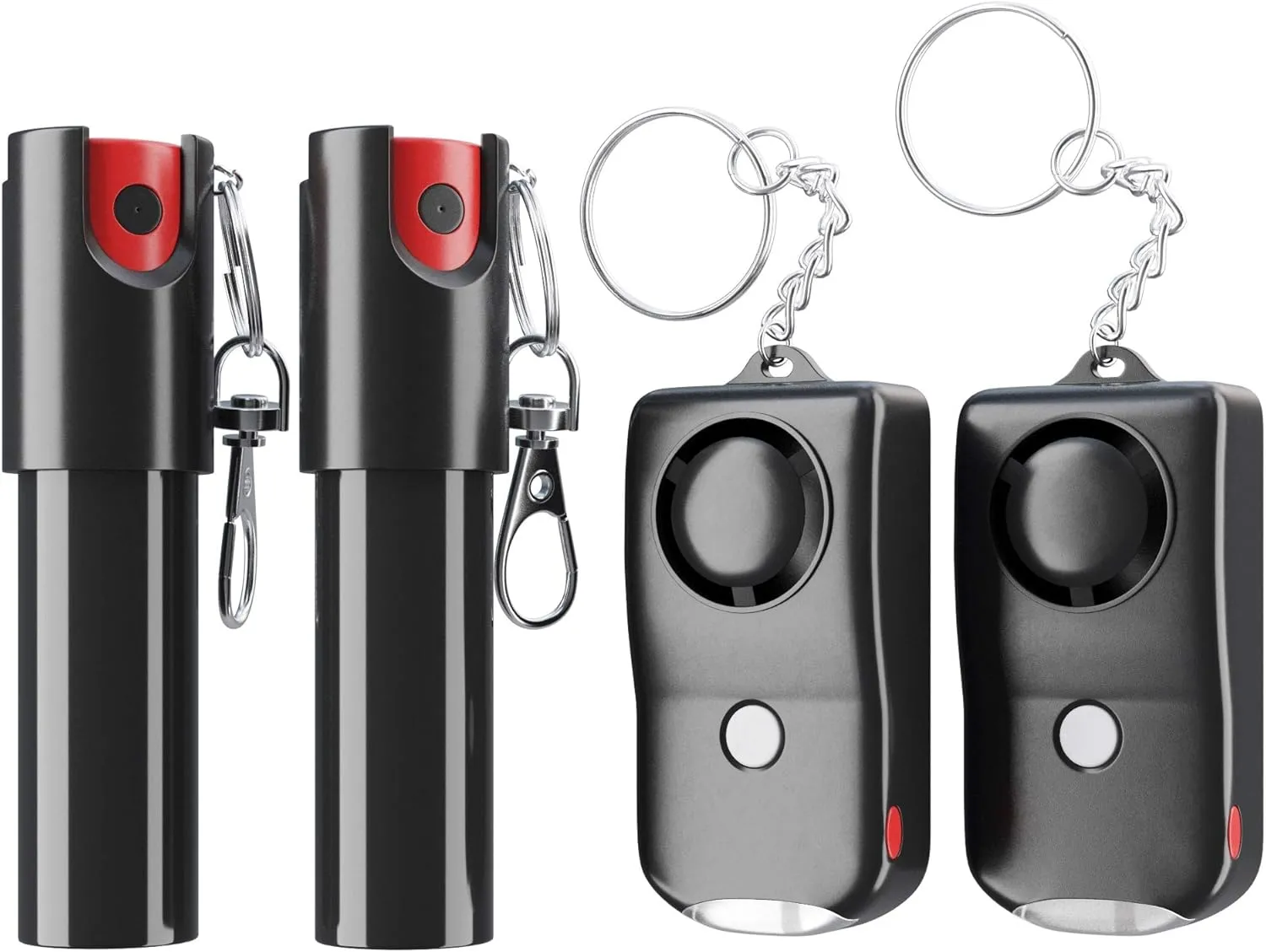 Pepper Spray and Personal Alarm Key Chain Bundle (4 Pack) for Protection and Self Defense, Safeguard for Women and Men, Tear Gas and Panic Button