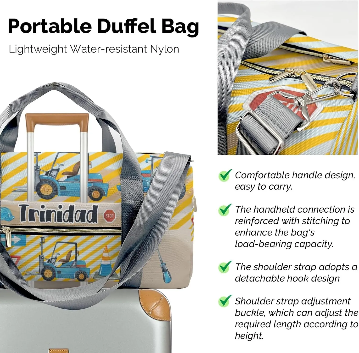 Personalized Bulldozer Truck Duffel Bag,Customized Sport Player Travel Bag for Gifts