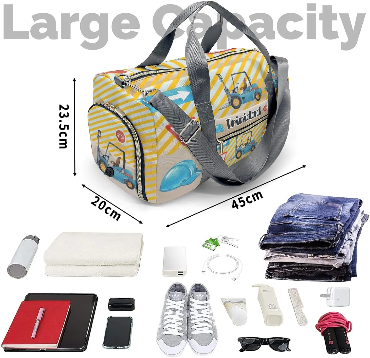 Personalized Bulldozer Truck Duffel Bag,Customized Sport Player Travel Bag for Gifts