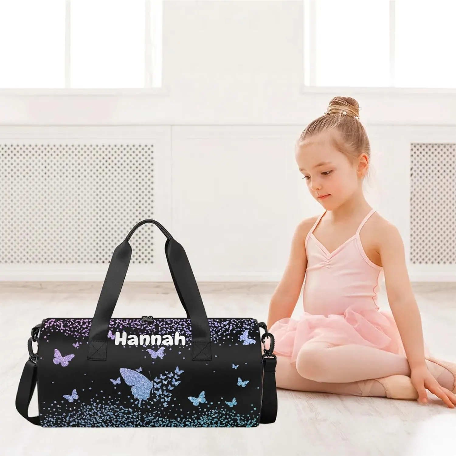 Personalized Duffel Bag with Name Butterfly Custom Travel Sports Bag for Women Men Round Waterproof Dance Ballet Bag Lightweight 17.6in, Gradient Blue