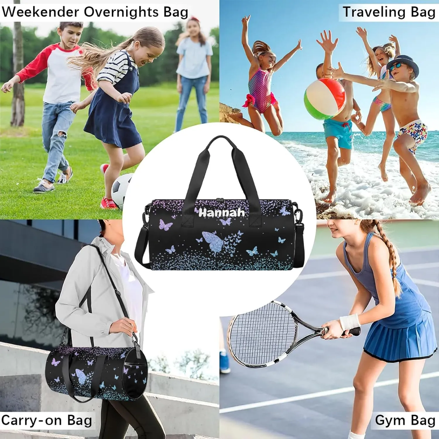 Personalized Duffel Bag with Name Butterfly Custom Travel Sports Bag for Women Men Round Waterproof Dance Ballet Bag Lightweight 17.6in, Gradient Blue