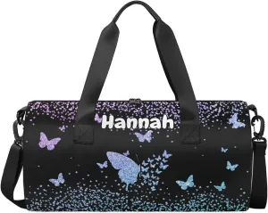 Personalized Duffel Bag with Name Butterfly Custom Travel Sports Bag for Women Men Round Waterproof Dance Ballet Bag Lightweight 17.6in, Gradient Blue