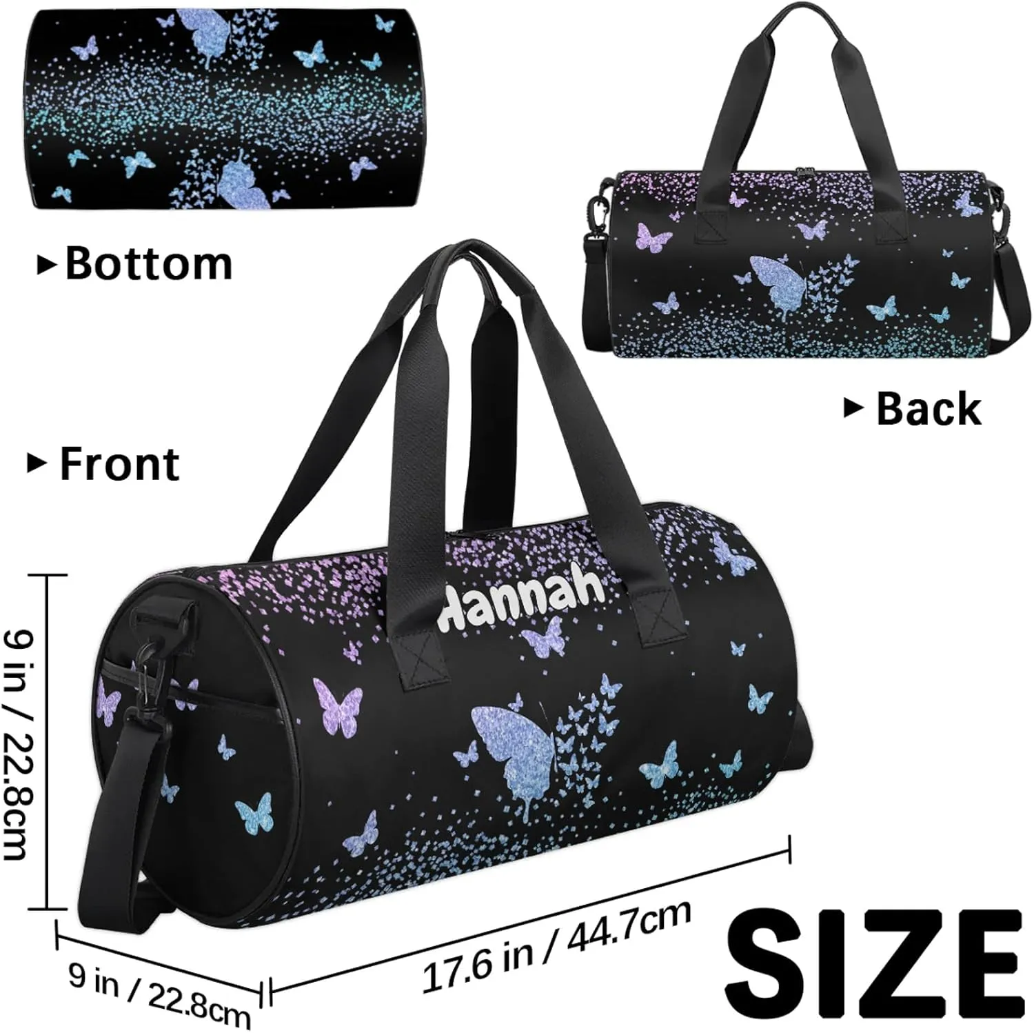Personalized Duffel Bag with Name Butterfly Custom Travel Sports Bag for Women Men Round Waterproof Dance Ballet Bag Lightweight 17.6in, Gradient Blue