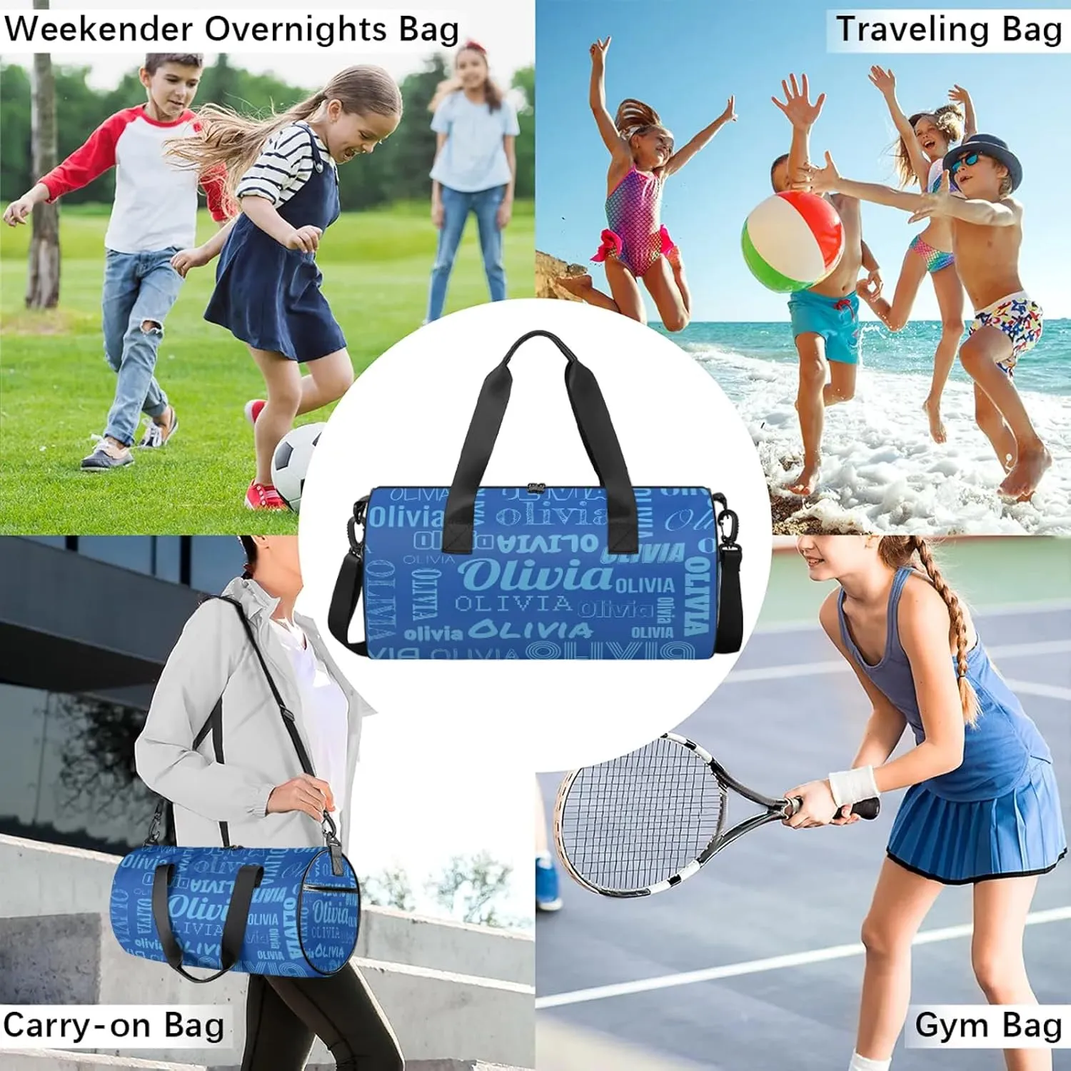 Personalized Duffel Bag with Name Custom Travel Sports Bag for Women Men Waterproof Round Dance Ballet Bag Lightweight 17.6in, Blue
