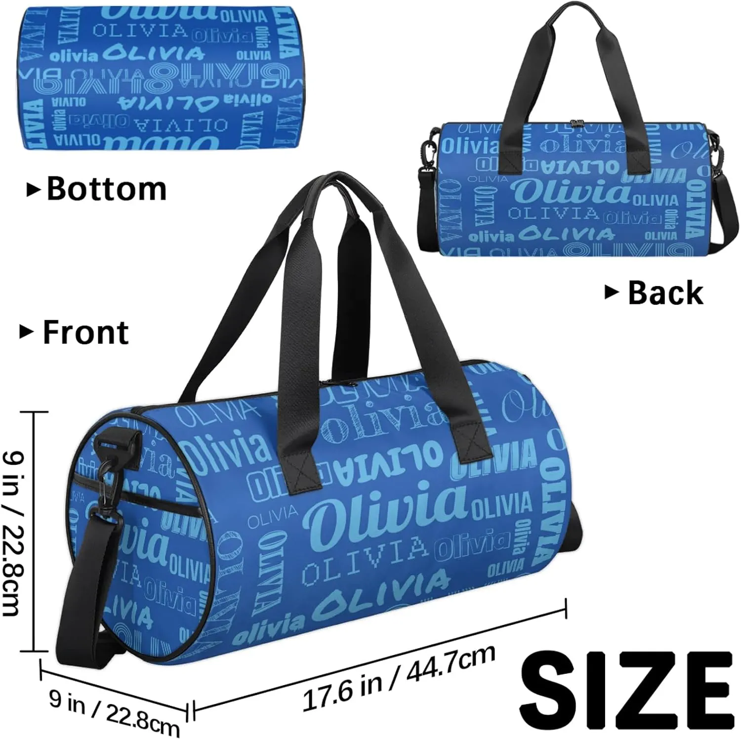 Personalized Duffel Bag with Name Custom Travel Sports Bag for Women Men Waterproof Round Dance Ballet Bag Lightweight 17.6in, Blue