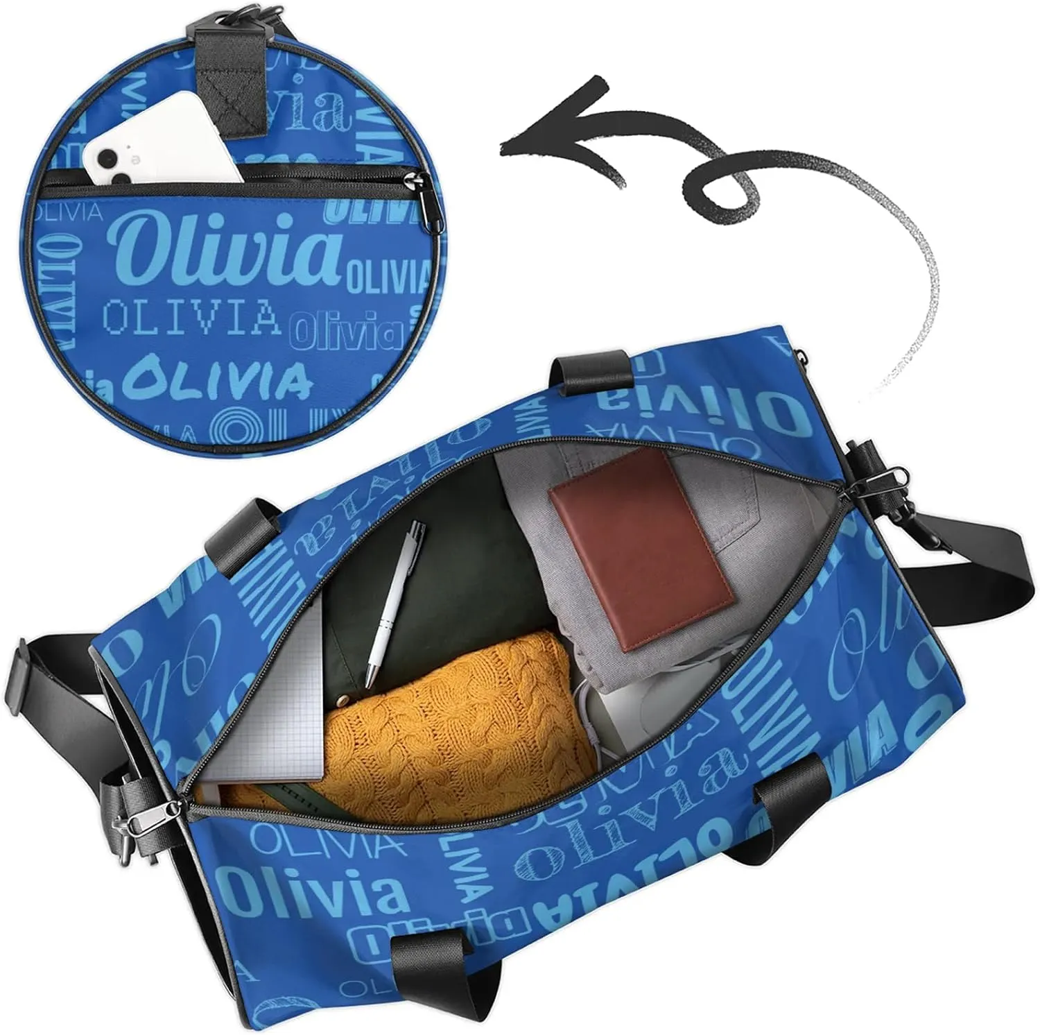 Personalized Duffel Bag with Name Custom Travel Sports Bag for Women Men Waterproof Round Dance Ballet Bag Lightweight 17.6in, Blue
