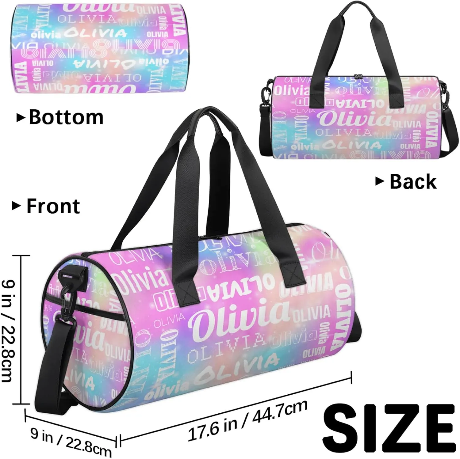Personalized Duffel Bag with Name Custom Travel Sports Bag for Women Men Waterproof Round Dance Ballet Bag Lightweight 17.6in, Rainbow Sparkly