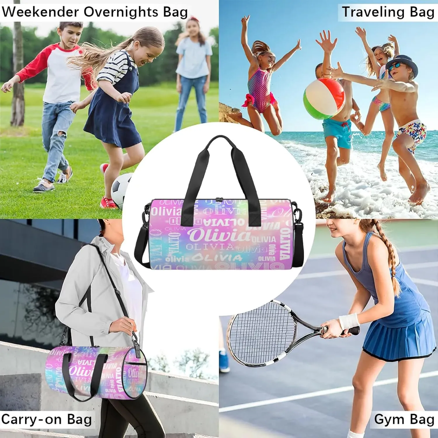 Personalized Duffel Bag with Name Custom Travel Sports Bag for Women Men Waterproof Round Dance Ballet Bag Lightweight 17.6in, Rainbow Sparkly