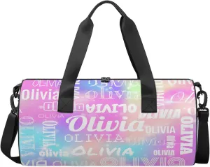 Personalized Duffel Bag with Name Custom Travel Sports Bag for Women Men Waterproof Round Dance Ballet Bag Lightweight 17.6in, Rainbow Sparkly