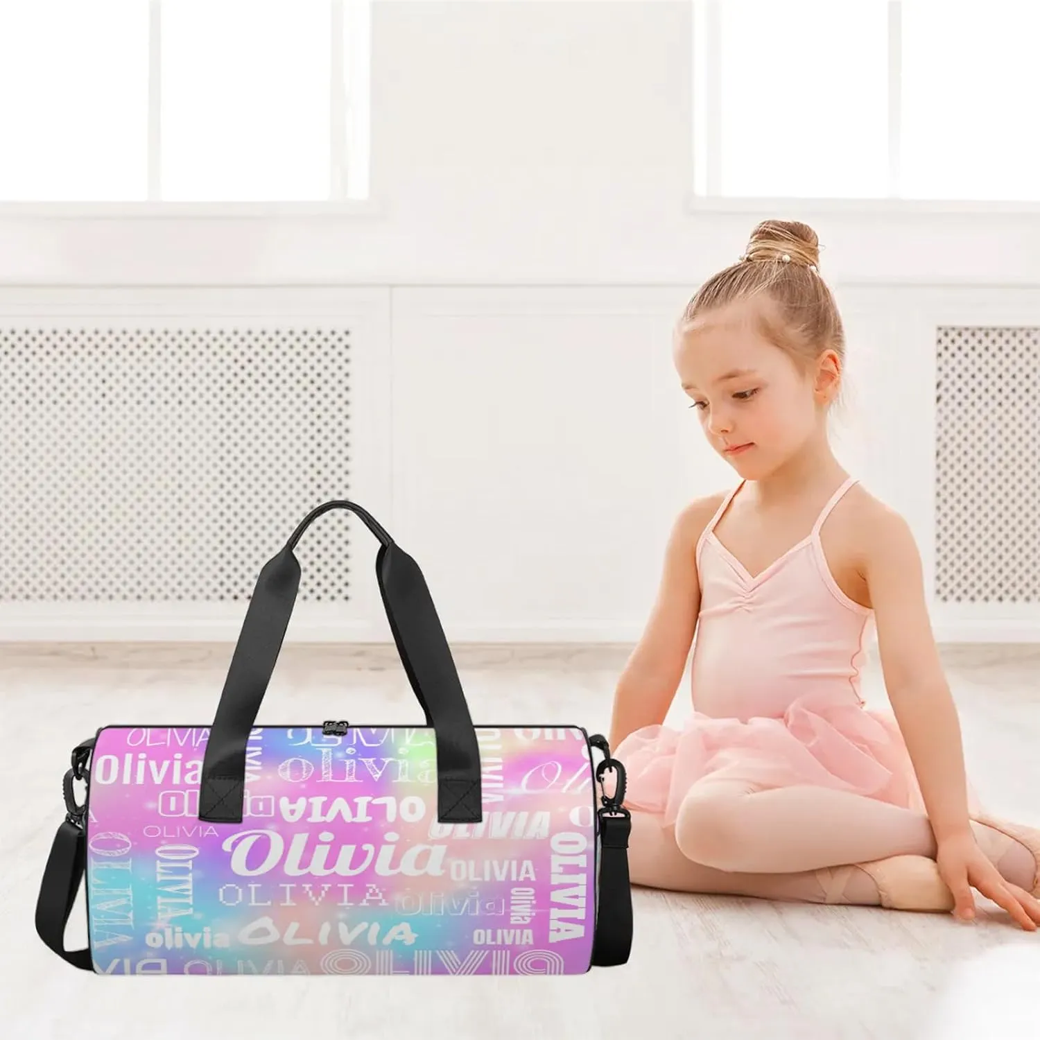 Personalized Duffel Bag with Name Custom Travel Sports Bag for Women Men Waterproof Round Dance Ballet Bag Lightweight 17.6in, Rainbow Sparkly