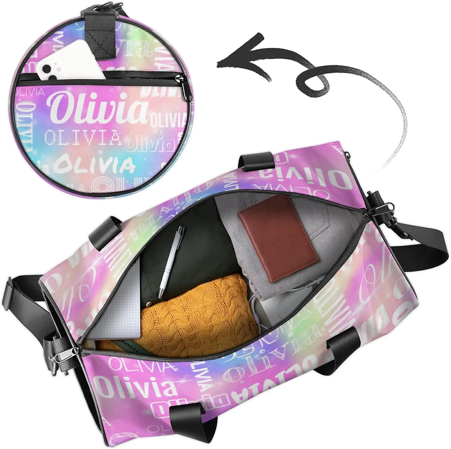 Personalized Duffel Bag with Name Custom Travel Sports Bag for Women Men Waterproof Round Dance Ballet Bag Lightweight 17.6in, Rainbow Sparkly