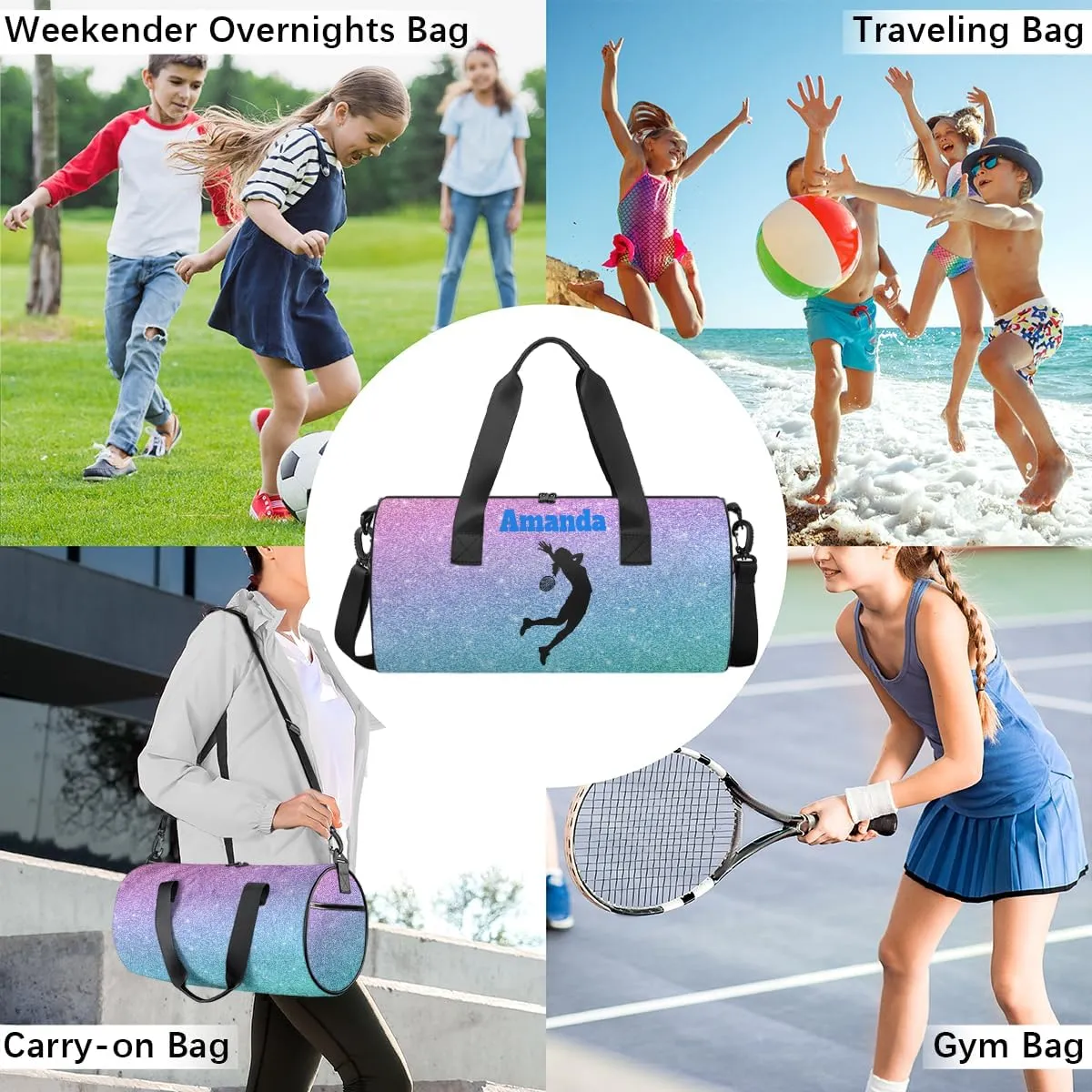 Personalized Kids Sport Duffel Bag with Custom Name Carry On Sleepover Weekender Travel Bag - Badminton
