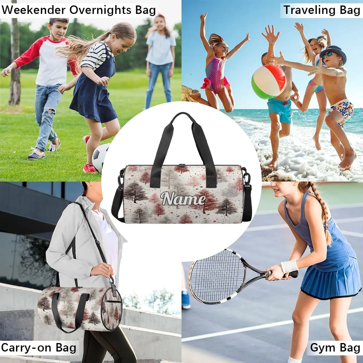 Personalized Sport Gym Bag Dance Duffle Ballet Bag Overnight Travel Sleepover Bags Swimming Hiking Camping, Vintage Xmas Winter